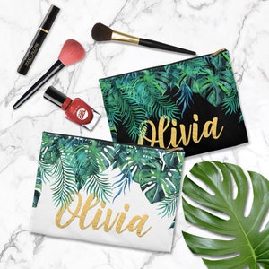 Borsa per il trucco della foglia di palma tropicale Nome personalizzato Foglia di palma Addio al nubilato Regalo Make Up Sacchetto per feste Bomboniere tropicali Regalo Custodia cosmetica