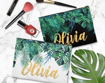 Tropical Palm Leaf Makeup Bag Custom Name Palm Leaf Bachelorette Gift Make Up Pouch Party Favors Tropical Bridesmaid Gift Cosmetic Case