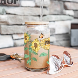 Summer Sunflowers Glass Tumbler Bees & Butterflies Sunflower Tumbler Boho Summer Glass Coffee Cup Sunflower Garden Glass Sipper Cup