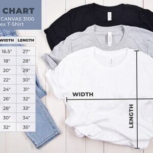 K&ouml;nnte beinhalten: Gr&ouml;&szlig;entabelle f&uuml;r Unisex-T-Shirts von Bella + Canvas 3100. Die Tabelle zeigt die Breite und L&auml;nge in Zoll f&uuml;r die Gr&ouml;&szlig;en XS bis 5XL.