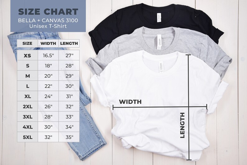 K&ouml;nnte beinhalten: Gr&ouml;&szlig;entabelle f&uuml;r Unisex-T-Shirts von Bella + Canvas 3100. Die Tabelle zeigt die Breite und L&auml;nge in Zoll f&uuml;r die Gr&ouml;&szlig;en XS bis 5XL.