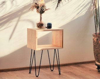 Modern Nightstand, Side table, Bedside Table, Bedroom Book, Phone End Table, Hairpin Legs, Solid Wood
