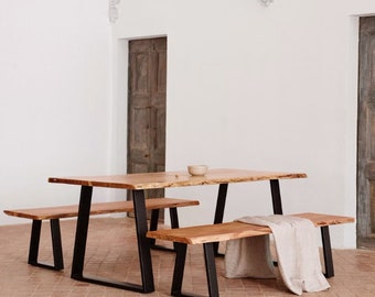 Oak Wood Dining Set With Black Steel Legs Live Edge