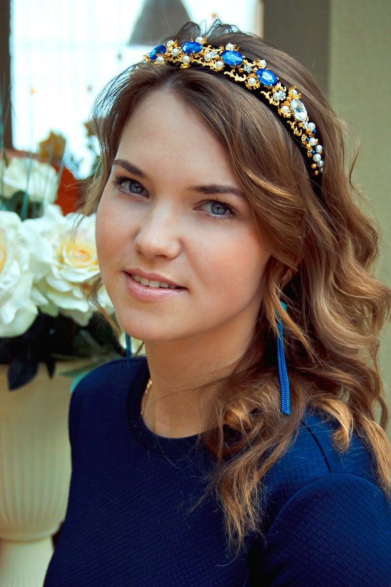 Tiara with blue crystals Tiara with blue rhinestones Baroque tiara Tiara for hair Dolce Gabbana style headband Baroque bezel Tiara Crown