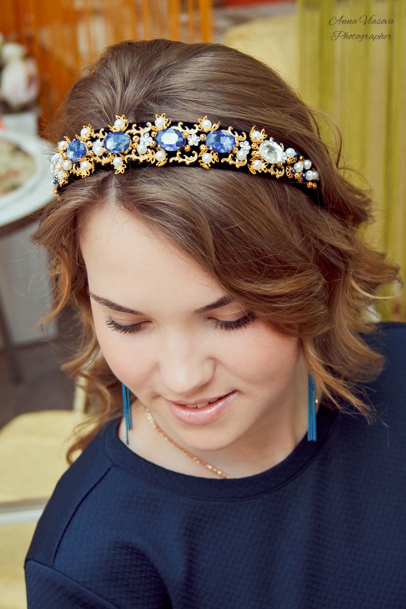 Tiara with blue crystals Tiara with blue rhinestones Baroque tiara Tiara for hair Dolce Gabbana style headband Baroque bezel Tiara Crown