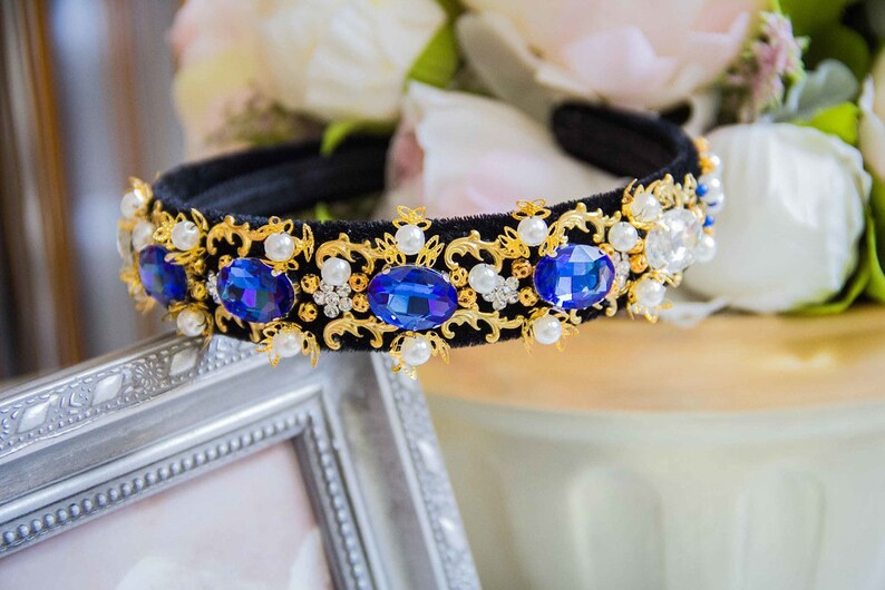 Tiara with blue crystals Tiara with blue rhinestones Baroque tiara Tiara for hair Dolce Gabbana style headband Baroque bezel Tiara Crown