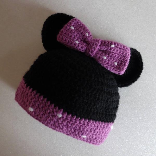 Bonnet Minie réalisé au crochet pour petite fille de 3 à 6 mois