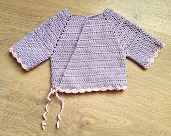 Gilet au crochet en coton parme et rose clair pour fillette 3 à 6 mois