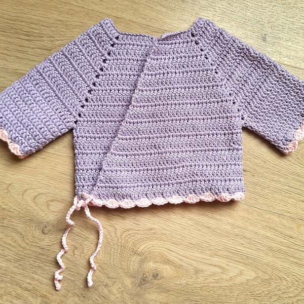 Gilet au crochet en coton parme et rose clair pour fillette 3 à 6 mois