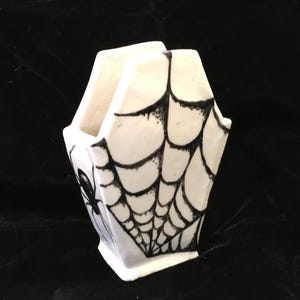 Handmade Coffin-Shaped Ceramic Vase – Gothic Spiderweb & Spider Design