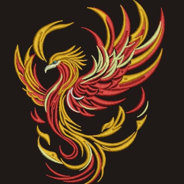 Motif de broderie machine Red Gold Fire Phoenix, téléchargement instantané