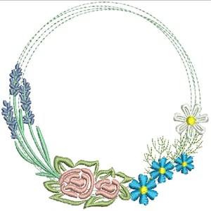 round monogram wreath with lavender and wildflowers Machine Embroidery Design