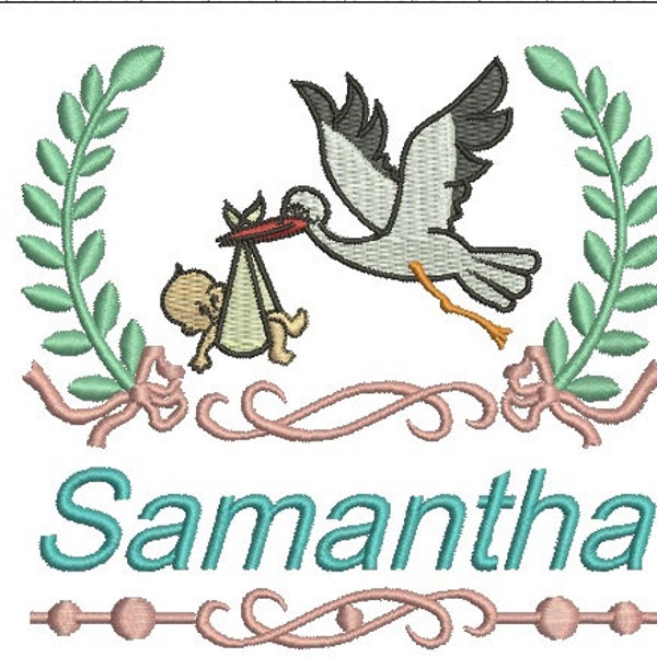 Stork With Baby In Beak a wreath for a gift machine embroidery design WRITING NOT INCLUDED