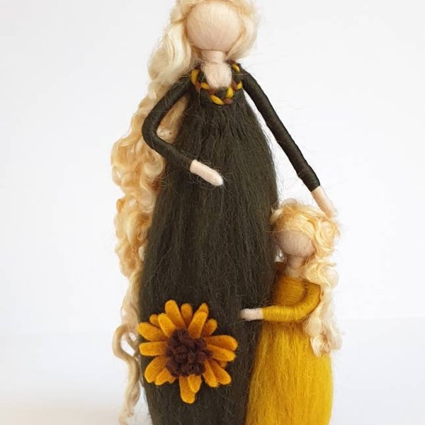 Needle felt fairy, mother and child, felt figurines, wool doll figurine, sunflower gifts, mother and daughter, felt fairies, felted dolls