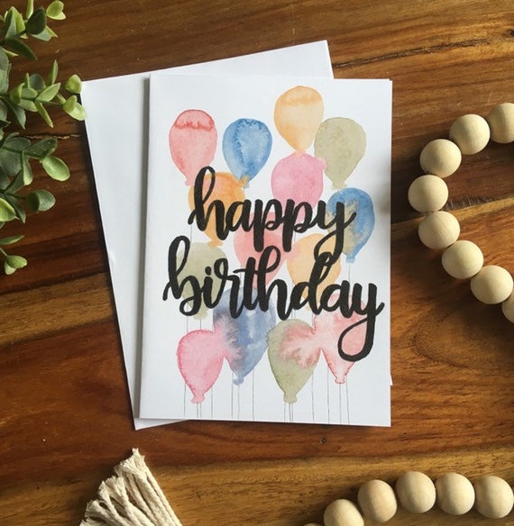 Handpainted Happy Birthday Card Balloon Card Calligraphy | Etsy