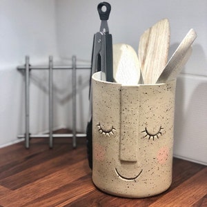 Pentola per utensili facciale fatta a mano, barattolo di stoccaggio di utensili da cucina in ceramica,