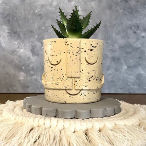 May include: A beige ceramic planter with a face design and black speckles. The planter is filled with a green succulent plant and sits on a gray concrete coaster with a white fringe.