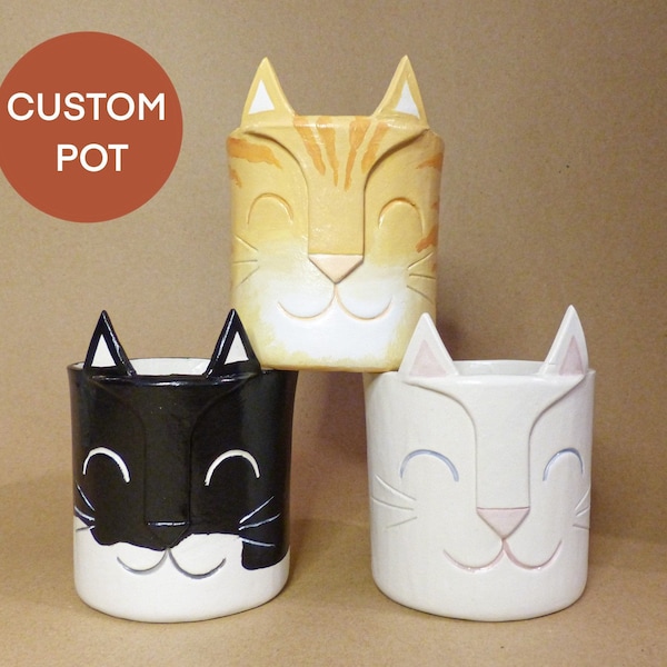 Handmade Custom Cat Pot, Pet Portrait Pot, Animal Plant Pot, Bespoke Cat Planter