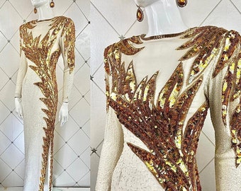 80s does 40s Hollywood Crystal Beaded Ivory Silk Chiffon Gown .. Gold Sequin Fantail Appliqué .. UK 10 .. Label: Sequins Original .. Vintage