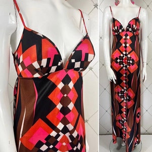 Late 1960s Abstract Harlequin Psychedelic Print Maxi Sun Dress .. Label: Candlelight ..Made in England .. UK 10 .. Original Vtge Sixties 60s