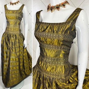 1950s Antique Gold & Khaki Shot Taffeta Gown with Gold Lurex Jacquard Stripe .. Label: Frank Usher / London .. UK 10 .. Original Vintage 50s