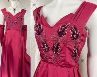 1940's Cardinal Red Rayon Grosgrain Beaded & Sequinned Bodice Gown .. Metal Zip .. Label: HEIRESS .. UK 12 .. Original Vintage Forties 40's
