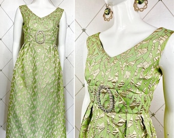 1960&#39;s Apple Green & Gold Lurex Brocade Empire Gown .. Fab Crystal Buckle .. Metal Zip .. Label: BLANES .. UK 10 .. Original Vintage Sixties
