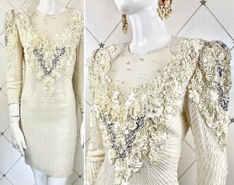 1980s Ivory Silk Dress completely Hand Beaded .. Bugle Beads Faux Pearls Silver Sequins & Ribbon Work .. UK 8 - 10 .. True Vintage Eighties