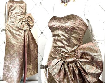 1950's Gold & Dusky Pink Jacquard Silk Satin Strapless Gown ..Huge Bow /Swag at Hip ..Label: Vincent Williams Couture .. UK 12 ..Vintage 50s