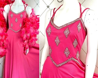 1970's Super Glam Flamingo Pink Sparkly Sequin Gown ..Label: CAPRICCIO by Roter of London .. UK 10 .. Original 70s Seventies Disco Diva CHER