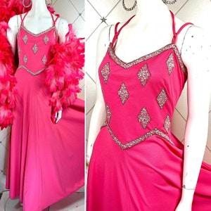 1970&#39;s Super Glam Flamingo Pink Sparkly Sequin Gown ..Label: CAPRICCIO by Roter of London .. UK 10 .. Original 70s Seventies Disco Diva CHER