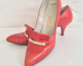 1950s Scarlet Leather Diamanté Trim Shoes ..Label: Dalmanette styled by Dalman.. Battelsteins Houston Hand Made .. UK 4 - 4.5 ..Vtg Fifties