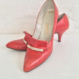1950s Scarlet Leather Diamanté Trim Shoes ..Label: Dalmanette styled by Dalman.. Battelsteins Houston Hand Made .. UK 4 - 4.5 ..Vtg Fifties
