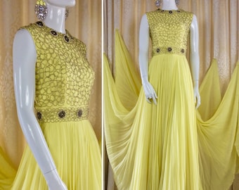 Stunning Vintage 1960's Lemon Chiffon Sunray Pleated Goddess Gown Label: Mike Benet ...Formals UK Size 10 Original Vintage Sixties 60's