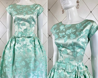 1950's Aquamarine Rose Satin Dioresque Jacquard Gown .. Tulip Shaped Skirt .. UK 8 - 10 .. Original Vintage 50s .. Wedding Bridal *Reduced*