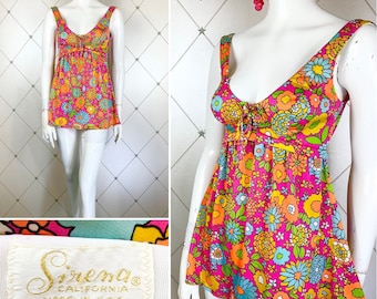 1960s Fluo Psychedelic Floral Baby Doll Swimsuit/Micro Mini Beach Dress .. Label: SIRENA ..California .. UK 10 ..True Sixties