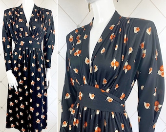 1970's Ditsy Leaf Floral 1940's Style Midi Dress ..Label: Peter Barron / London .. UK 12 .. Original Vtg Seventies does Forties 70s does 40s