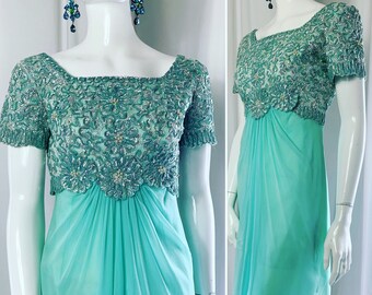 1960&#39;s Aquamarine Chiffon Cocktail Dress ..Sequinned Beaded Bodice ..Label: Emma Domb ..California .. UK 10 .. Original Vintage Sixties 60&#39;s