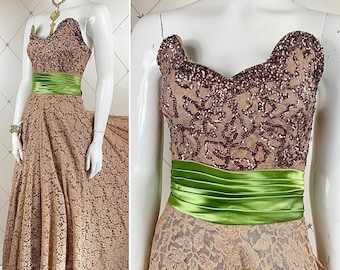 1940s Hollywood Style Cafe au Lait Lace Strapless Boned Gown ..Sequin Scallop Shaped Bodice .. Label: Maryon .. UK 8 .. Original Forties 40s