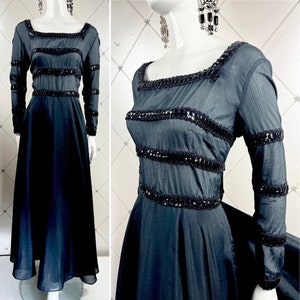 1970s Black Crinkly Organza Sequinned Maxi Gown .. Label: Designed by Wanda for LESHGOLD / London .. UK 12 .. Original Vintage Seventies 70s