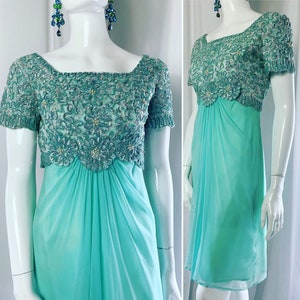 1960's Aquamarine Chiffon Cocktail Dress ..Sequinned Beaded Bodice ..Label: Emma Domb ..California .. UK 10 .. Original Vintage Sixties 60's