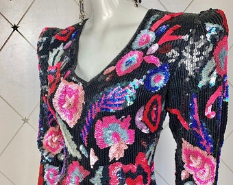 1980's Floral Sequinned Evening Top .. Puff Sleeves .... Label: Frank Usher ... UK 12 ... Original Vintage Eighties 80's