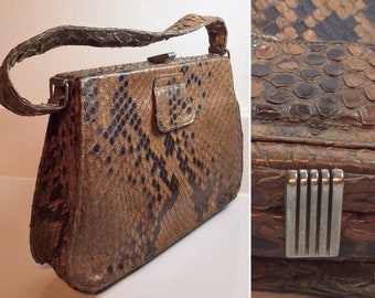 Impresionante bolso de mano de piel de serpiente pitón de Java de los años 40. Marca: Manfield / Piel auténtica de pitón de Java. Original vintage de los años 40.