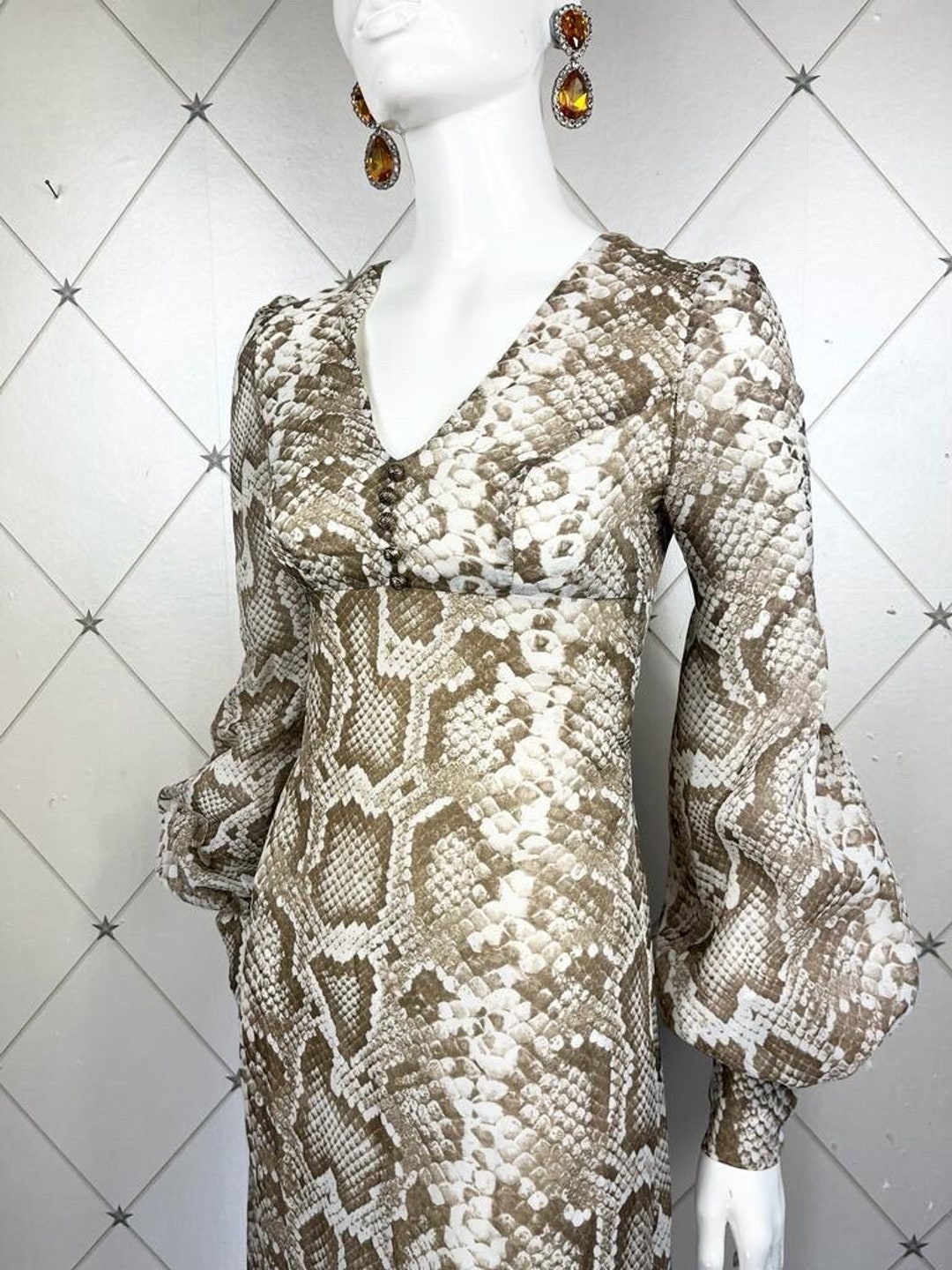 1970's Sepia Snakeskin Print Georgette Maxi Dress .. Metal