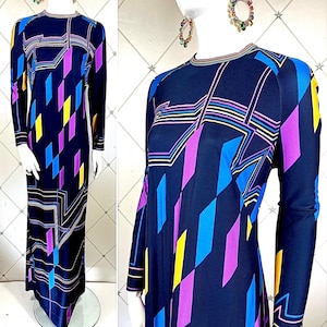 dress in floral and abstract geometric printed silk jersey SOLD Leonard Paris Silk Geometric Print Jersey Dress Hidden Zipper Fro Palm Beach Vintage