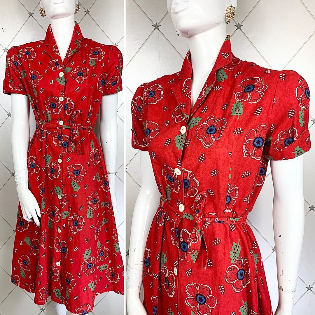 Forties Floral Holly Red Button Front Cotton Dress .. Self Tie Belt