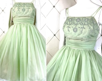 Fifties Eau de Nil Georgette Cocktail Dress .. Embroidered Pearl & Crystal studded Boned Bodice .. Metal Zip ..  UK 8 .. Original Vintage