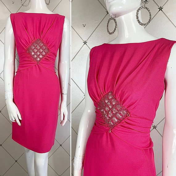 1960s Shocking Pink Dress ..Beaded See Thru Mesh Wais… Gem