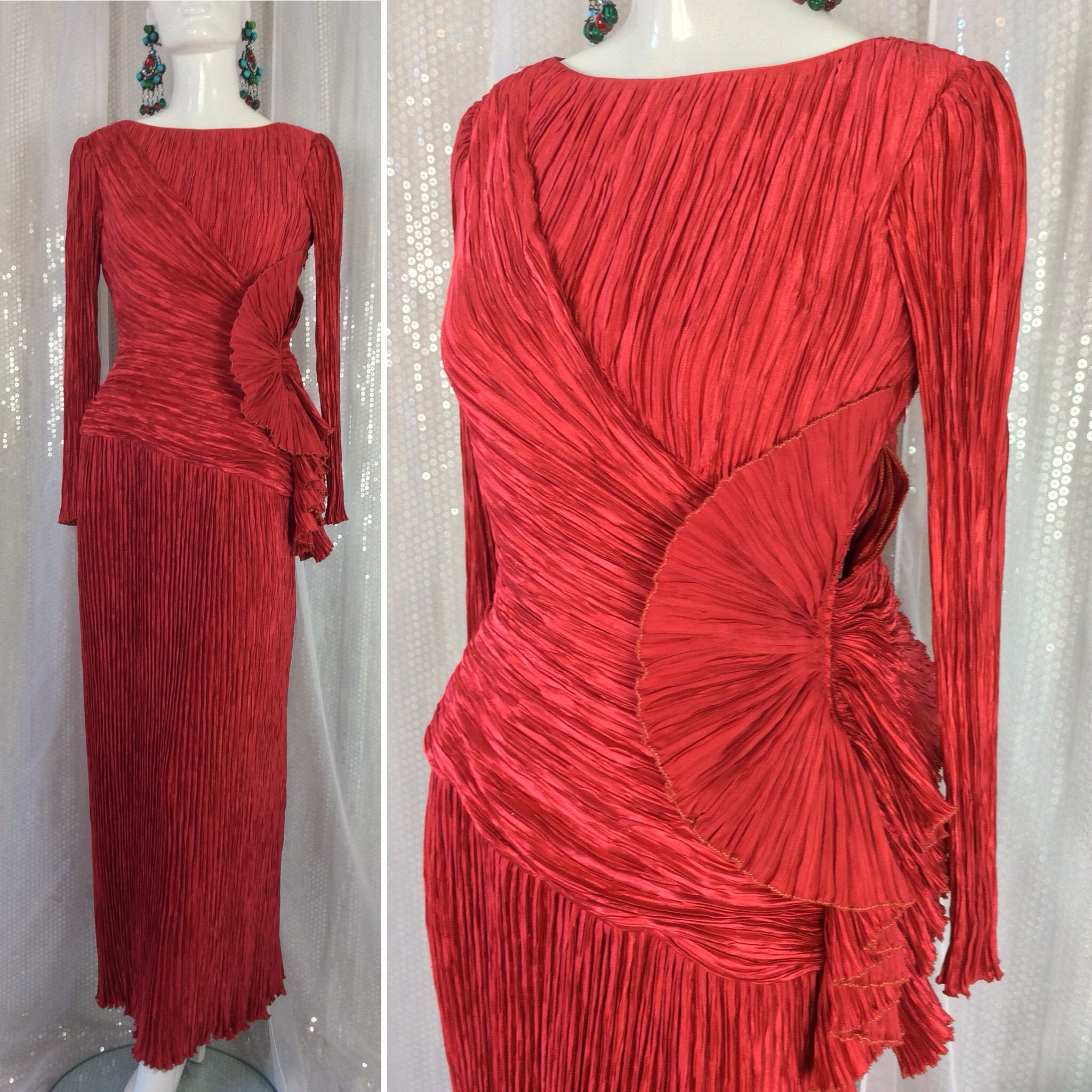 Image of Iconic 's Scarlet Fortuny Pleated Evening Dress .. Label Mary Mcfadden Couture/ Saks Fifth Avenue Uk  True Vintage Eighties 's