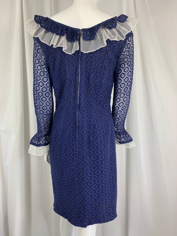 1960's Indigo Blue Cotton Lace Dress with Organza… - image 5